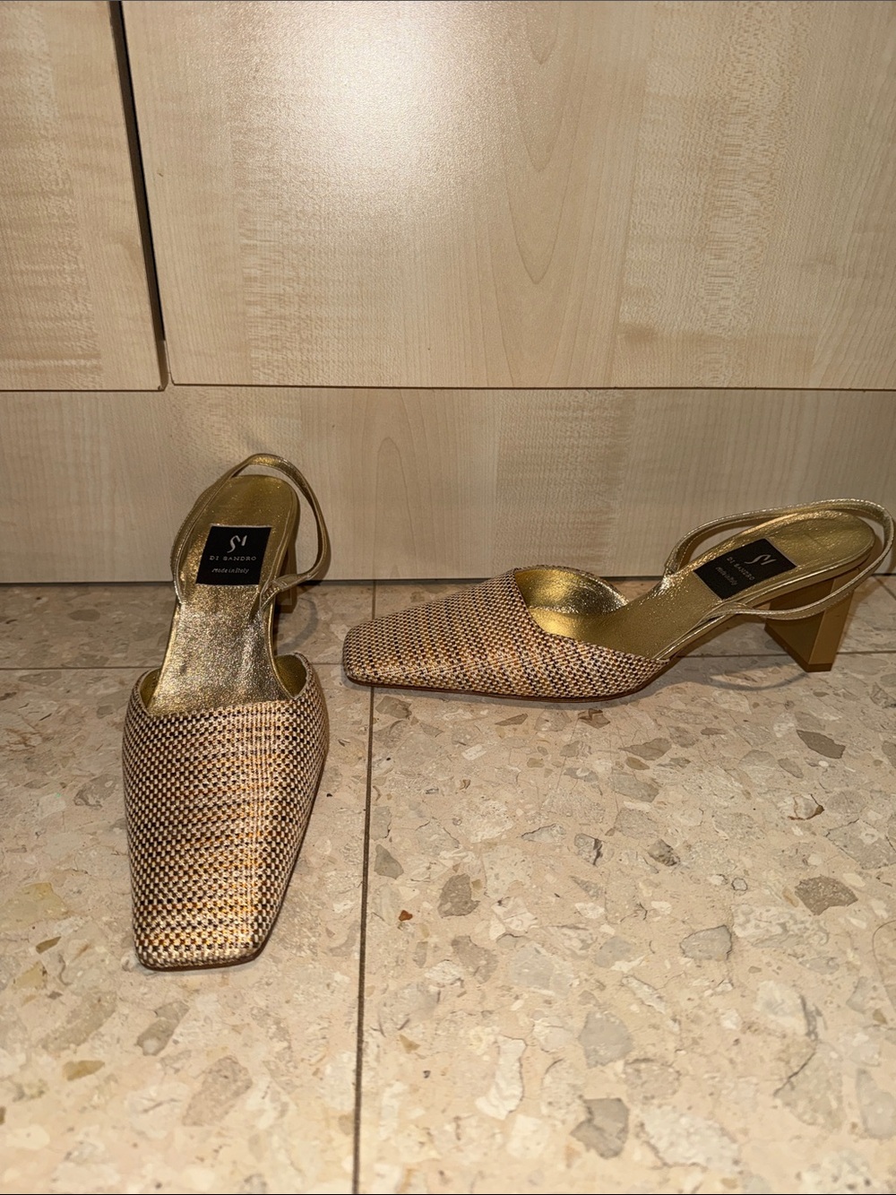 Di Sandro Gold and Brown Woven Slingback Low Block Heels Size 37 Women’s